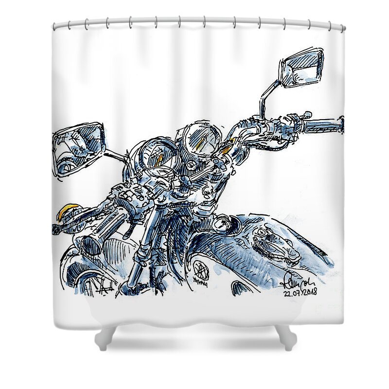 Motorbike Shower Curtain featuring the drawing Yamaha SR 500 Motorcycle Detail Ink Drawing and Watercolor by Frank Ramspott