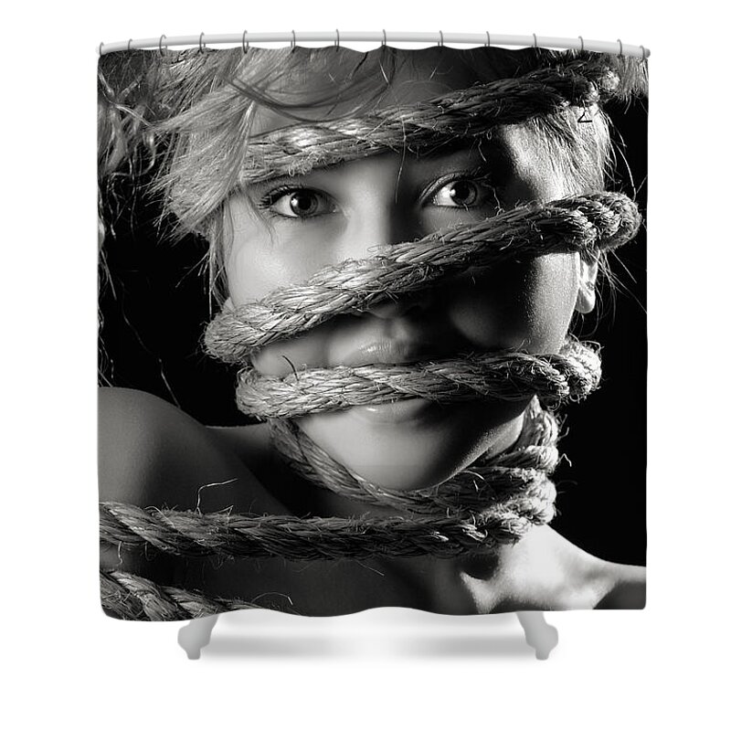 Angry Shower Curtain featuring the photograph Woman Face and Mouth Tied in Ropes #1 by Maxim Images Exquisite Prints