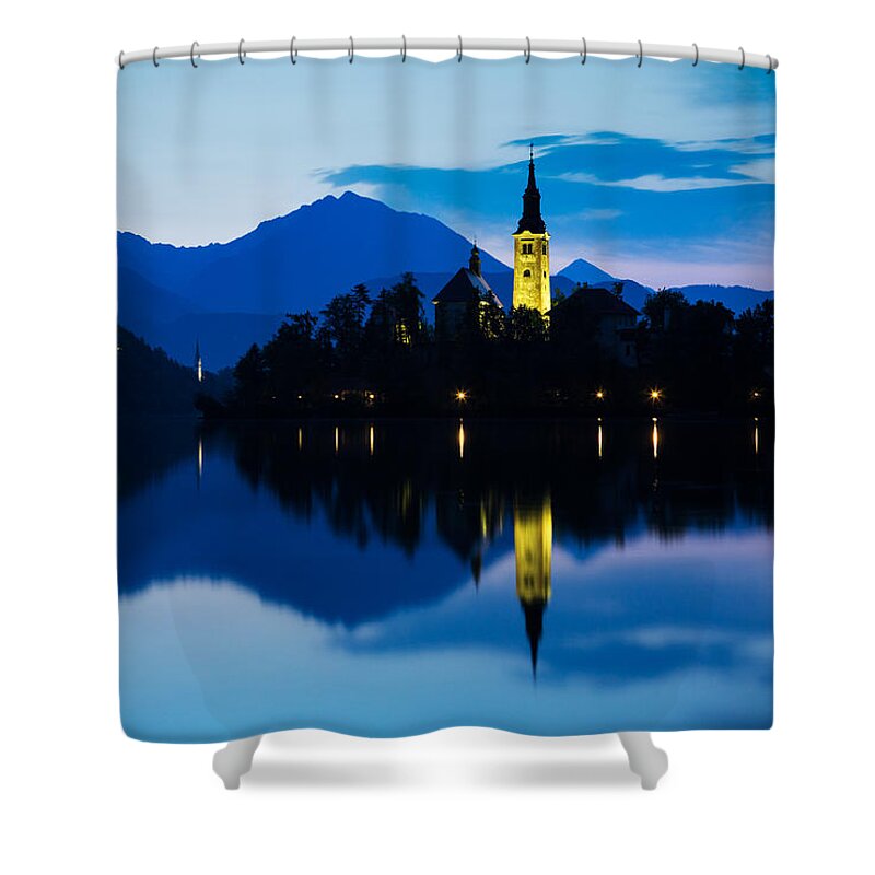 Bled Shower Curtain featuring the photograph Dawn breaks over Lake Bled #10 by Ian Middleton