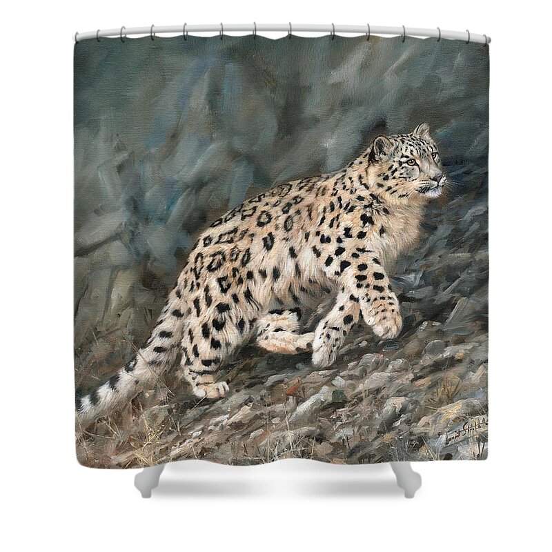 Snow Leopard Shower Curtain featuring the painting Snow Leopard #10 by David Stribbling
