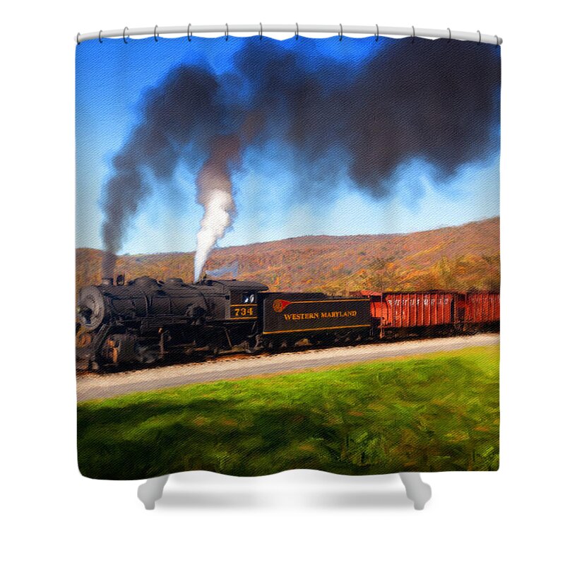 Wmrr Shower Curtain featuring the photograph Western Maryland Steam train powers along railway by Steven Heap