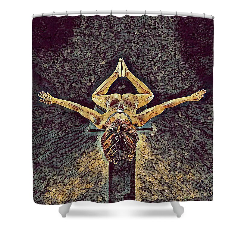 Antonio Bravo Shower Curtain featuring the digital art 1038s-ZAC Dancer Flying on Pedestal Nudes in the style of Antonio Bravo by Chris Maher