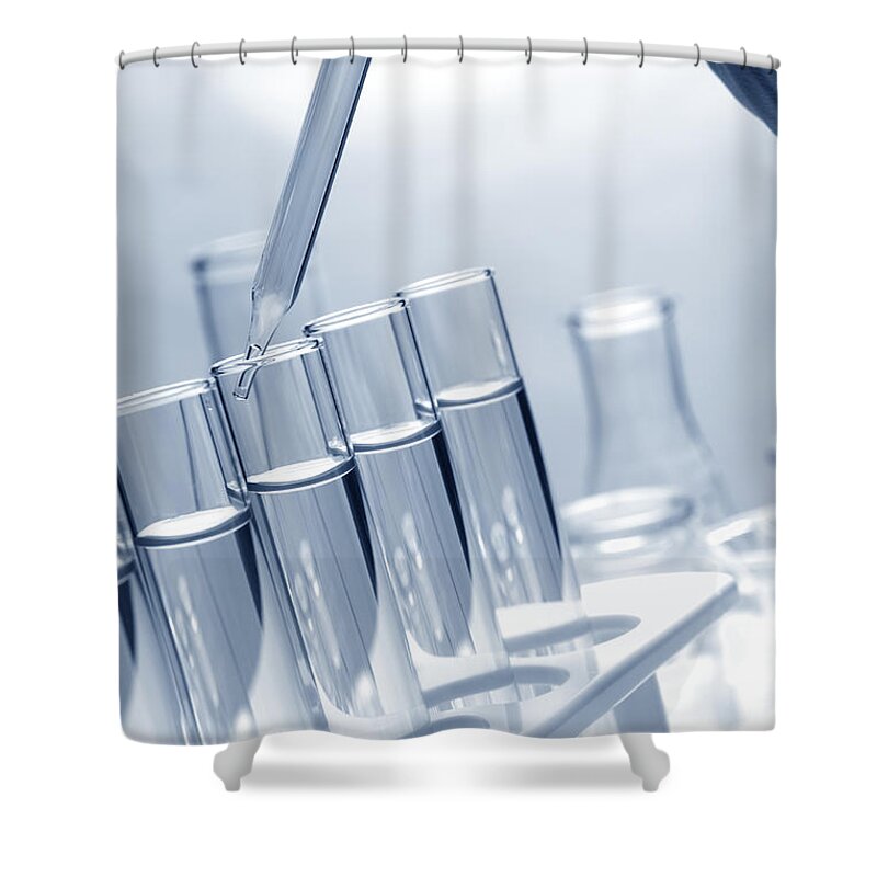Blue Shower Curtain featuring the photograph Test Tubes in Science Research Lab #107 by Olivier Le Queinec