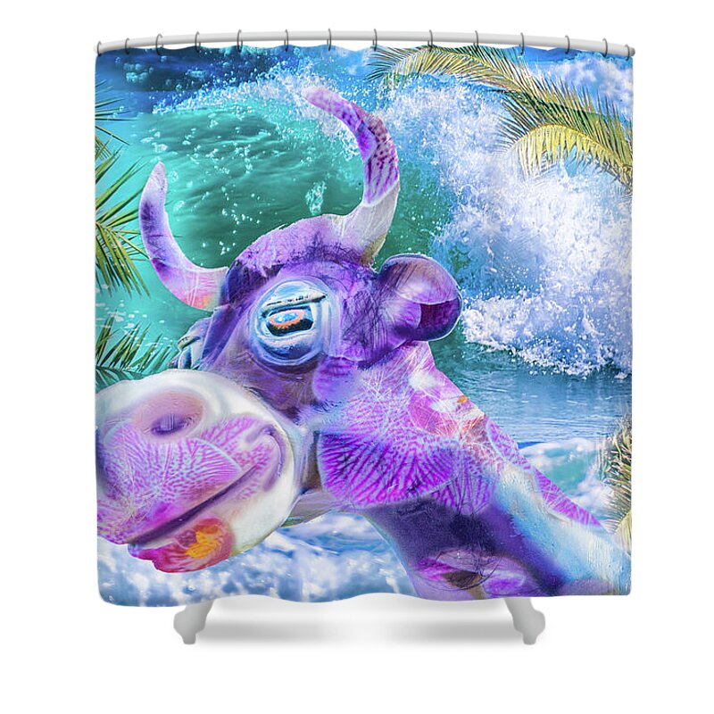 Purple Cow Shower Curtain featuring the digital art 10748 Purple Cow in Paradise by Pamela Williams