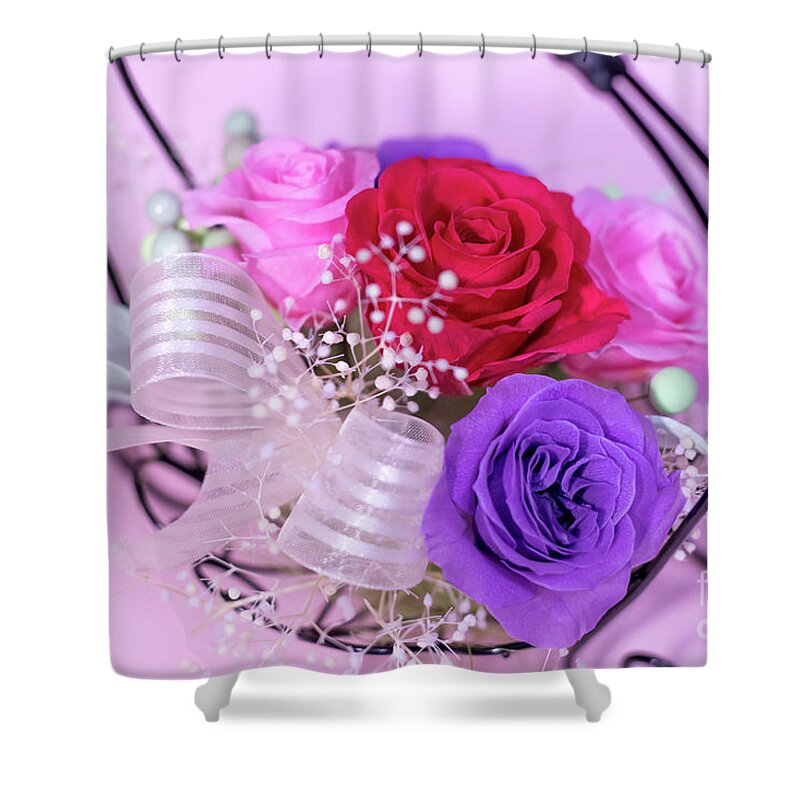 Valentine Shower Curtain featuring the photograph A Gift of Preservrd Flower and Clay Flower Arrangement, Colorful #11 by Eiko Tsuchiya