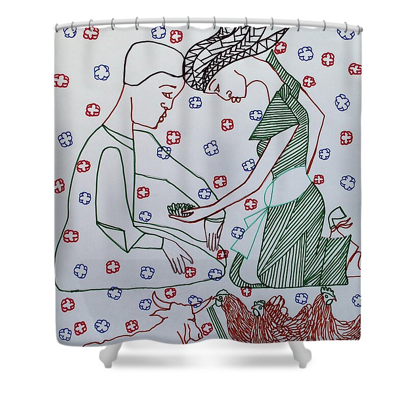Jesus Shower Curtain featuring the painting Kintu and Nambi The Folktale #11 by Gloria Ssali