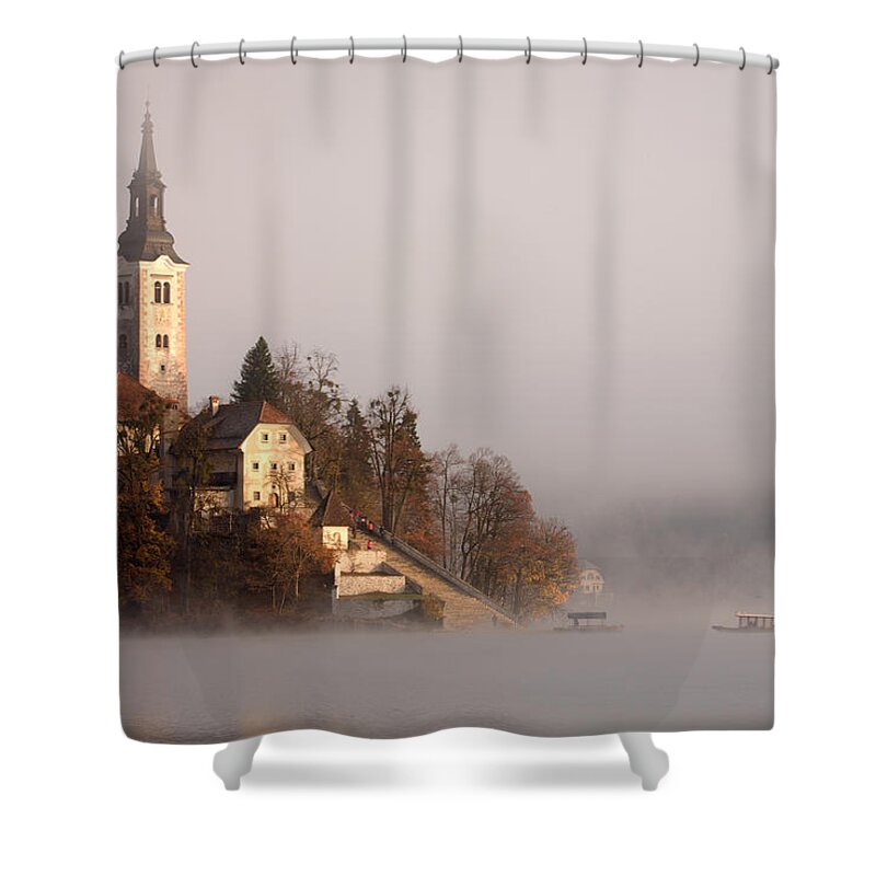 Bled Shower Curtain featuring the photograph Misty Lake Bled #11 by Ian Middleton