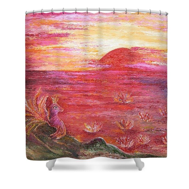 11 Sunrise Flowers For The Pink Dragon Princess Water Trees Fantasy Pink Lilies Pink Sun Ocean Sky Good Mood Morning Surreal Animals Shower Curtain featuring the painting 11 Sunrise Flowers for the Pink Dragon Princess by Karina Ishkhanova