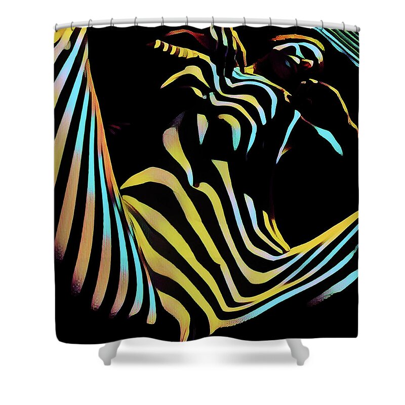 Colorful Shower Curtain featuring the digital art 1149s-AK Dramatic Zebra Striped Woman Rendered in Composition Style by Chris Maher