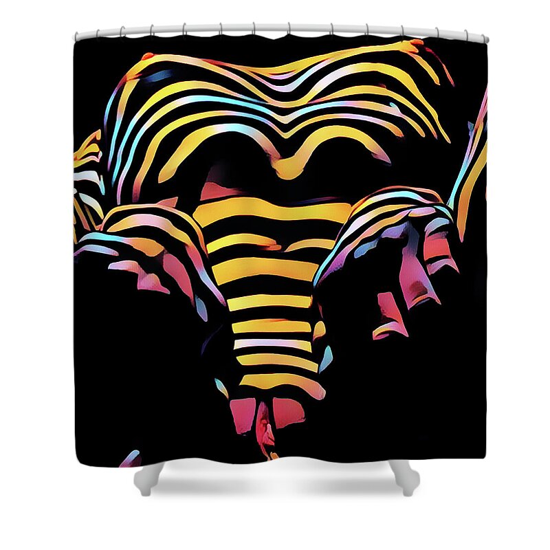 Aroused Shower Curtain featuring the digital art 1276s-AK Aroused Woman Zebra Striped Body rendered in Composition style by Chris Maher