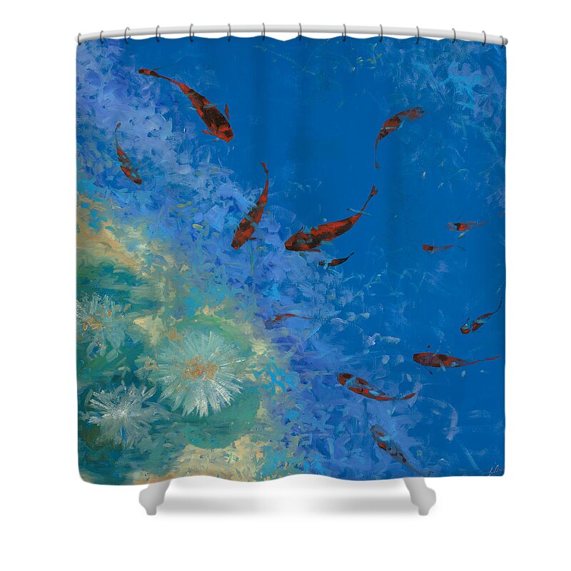 Fishscape Shower Curtain featuring the painting 13 Pesciolini Rossi by Guido Borelli