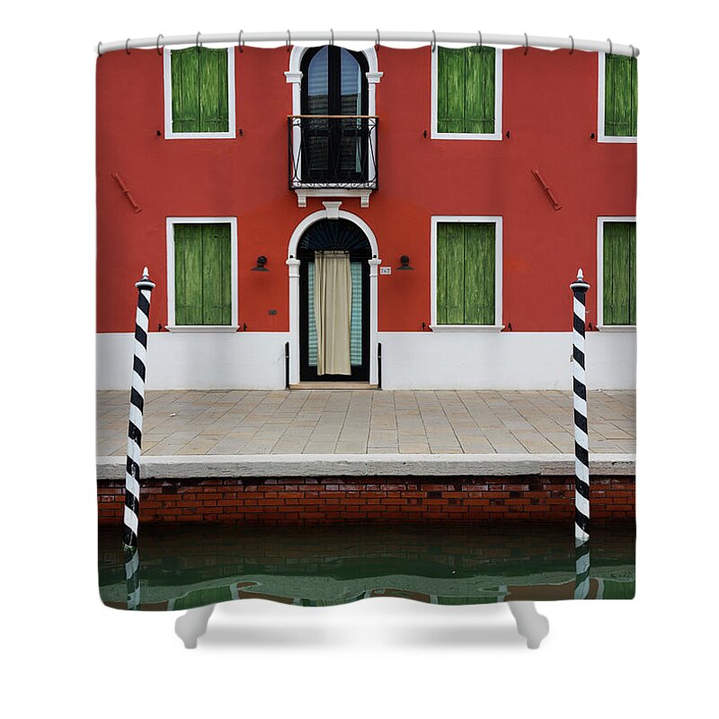 Architecture Shower Curtain featuring the photograph Burano anisland of multi colored homes on canals north of Venice Italy #14 by Bruce Beck