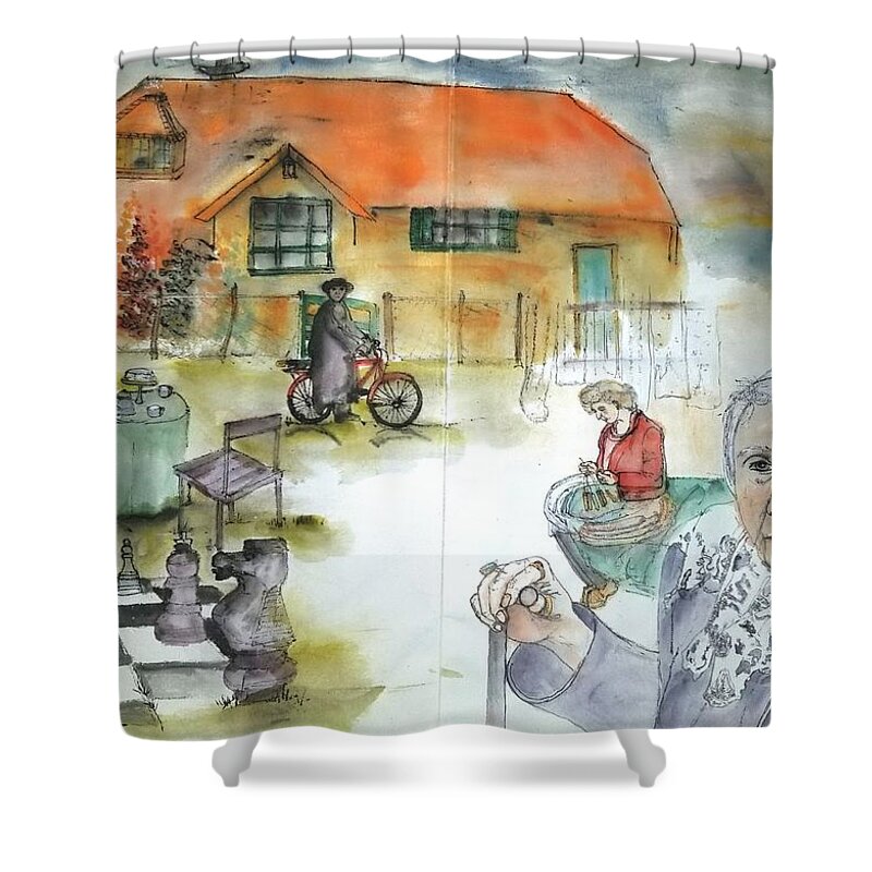 The Netherlands. Houses. Giant Chess. Biking. And Such Shower Curtain featuring the painting Land Of Clogs And Windmill Album #16 by Debbi Saccomanno Chan