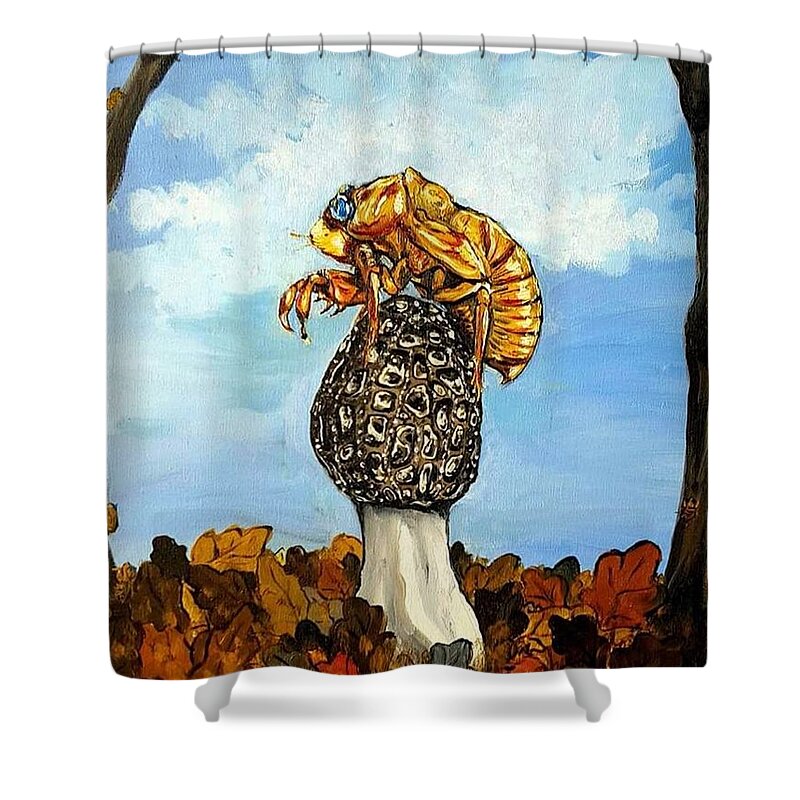 Morel Shower Curtain featuring the painting 17 year Cicada With Morel by Alexandria Weaselwise Busen