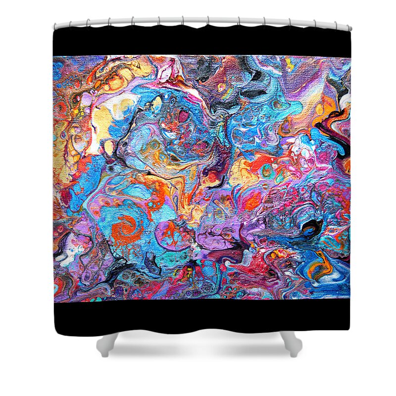  Delicious Soothing Sensual Flowing Rainbow Abstract Riotous Vibrant Colorful Fun Charming Dynamic Playful Inviting Compelling Modern Blue And Orange Dominate Shower Curtain featuring the painting #1709 Riotous rainbow #1709 by Priscilla Batzell Expressionist Art Studio Gallery