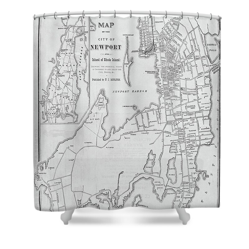 Newport Shower Curtain featuring the digital art 1800s Vintage map of Newport RI Rhode Island Black and White by Toby McGuire