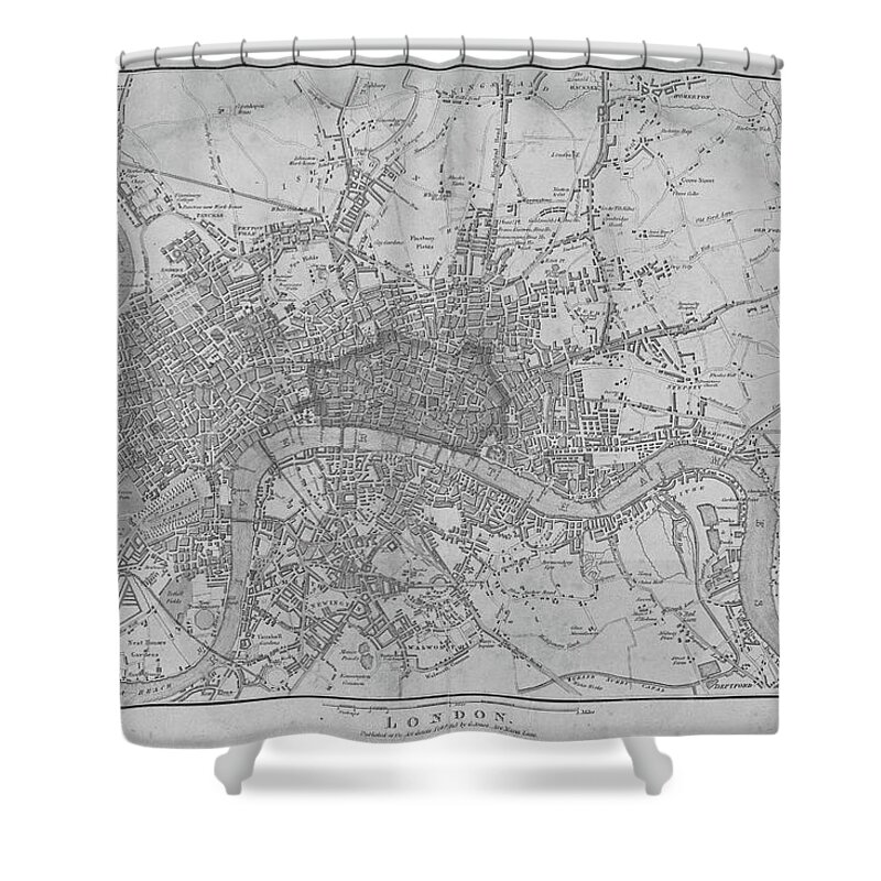 1815 Shower Curtain featuring the digital art 1815 London Map Black and White by Toby McGuire