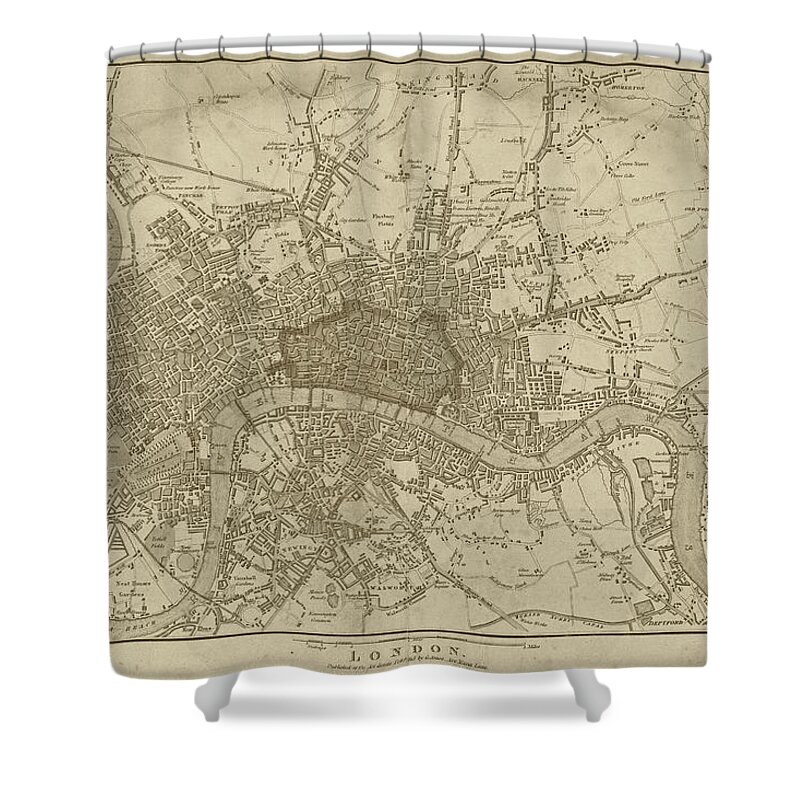 1815 Shower Curtain featuring the digital art 1815 London Map Sepia by Toby McGuire