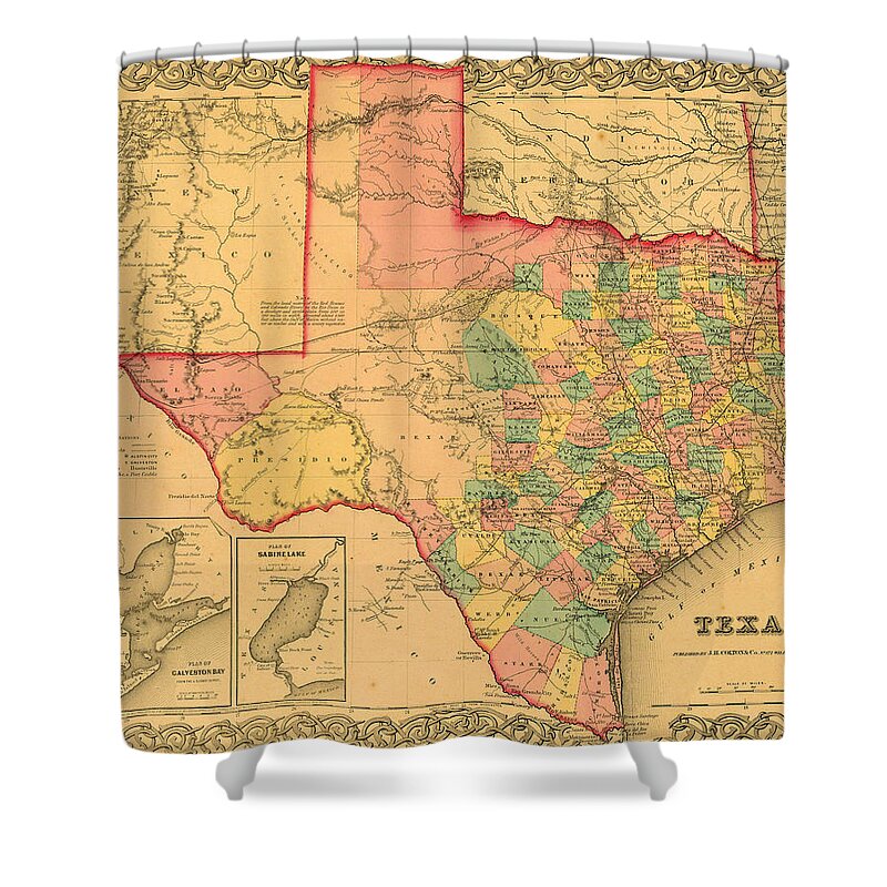 Texas Shower Curtain featuring the digital art 1855 Texas County Map by J.H. Colton by Texas Map Store