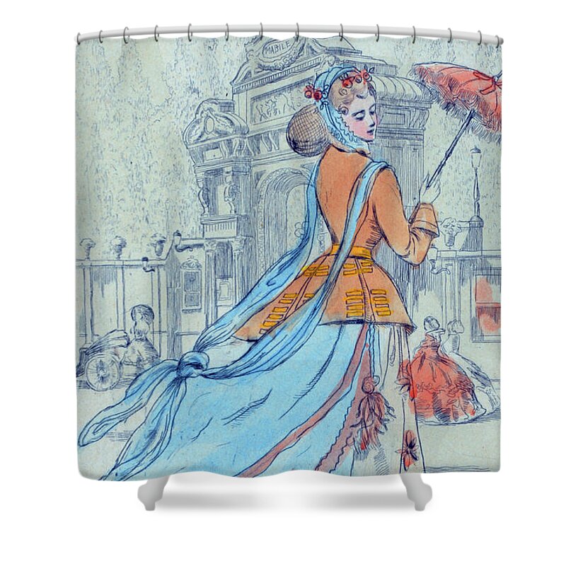 1868 Shower Curtain featuring the drawing 1868 Paris France Fashion Drawing by Movie Poster Prints