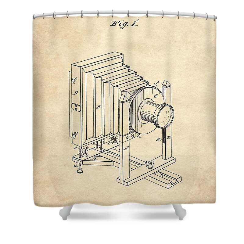 Patent Shower Curtain featuring the digital art 1888 Camera US Patent Invention Drawing - Vintage Tan by Todd Aaron