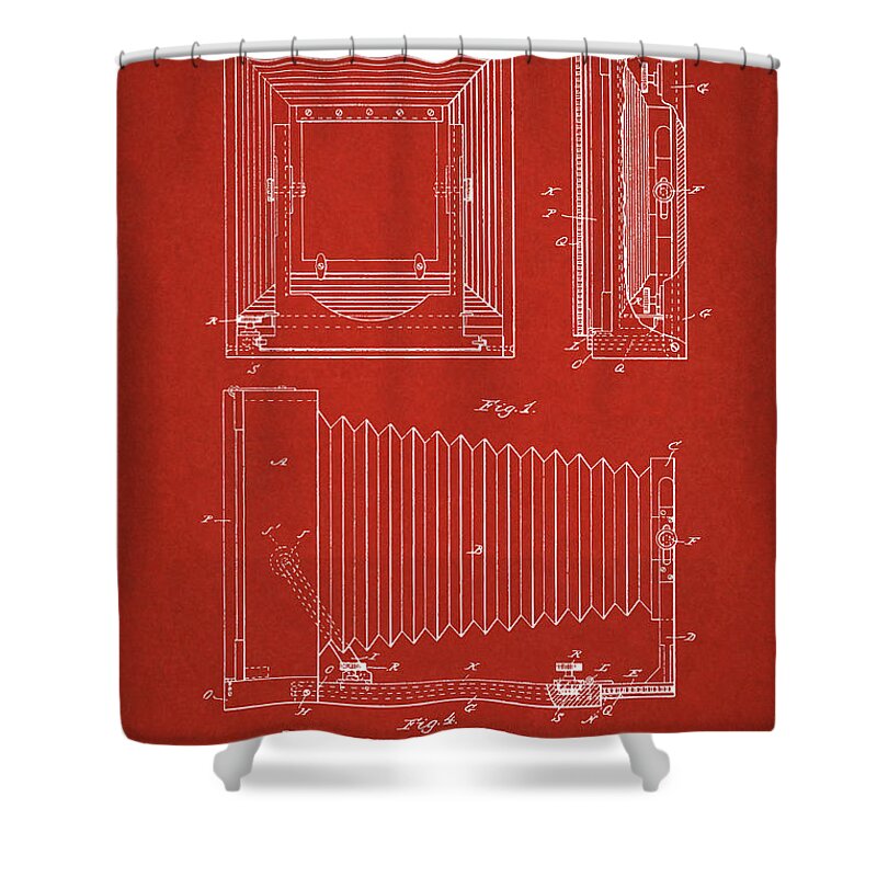 Patent Shower Curtain featuring the digital art 1891 Camera US Patent Invention Drawing - Red by Todd Aaron