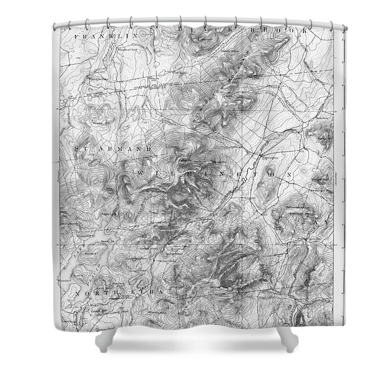Lake Shower Curtain featuring the digital art 1894 Lake Placid Geological Survey Map Adirondacks Black and White by Toby McGuire