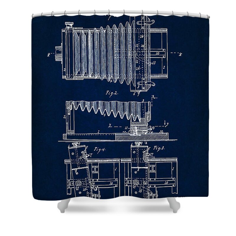 Patent Shower Curtain featuring the digital art 1897 Camera US Patent Invention Drawing - Dark Blue by Todd Aaron