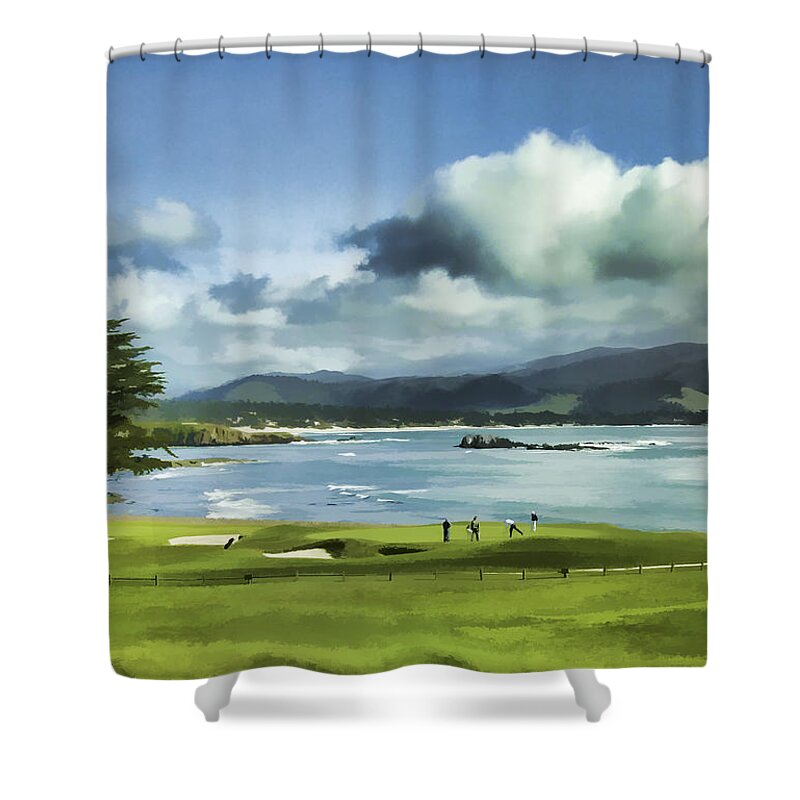 California Shower Curtain featuring the digital art 18th Hole Pebble Beach 2 by Richard Stedman