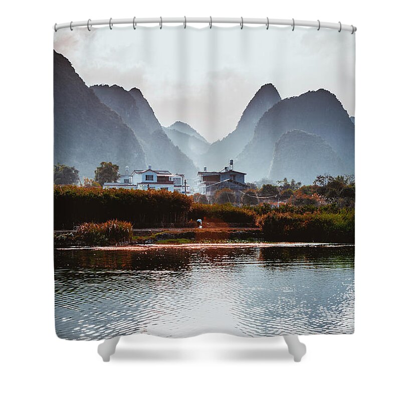 Nature Shower Curtain featuring the photograph The karst mountains and river scenery #19 by Carl Ning