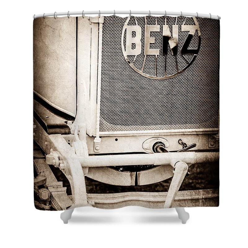 1908 Benz Prince Heinrich Two Seat Race Car Grille Emblem Shower Curtain featuring the photograph 1908 Benz Prince Heinrich Two Seat Race Car Grille Emblem -1696s by Jill Reger