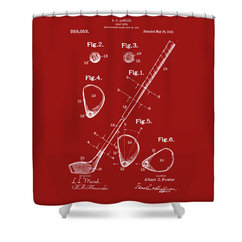 Golf Shower Curtain featuring the digital art 1910 Golf Club Patent Artwork Red by Nikki Marie Smith