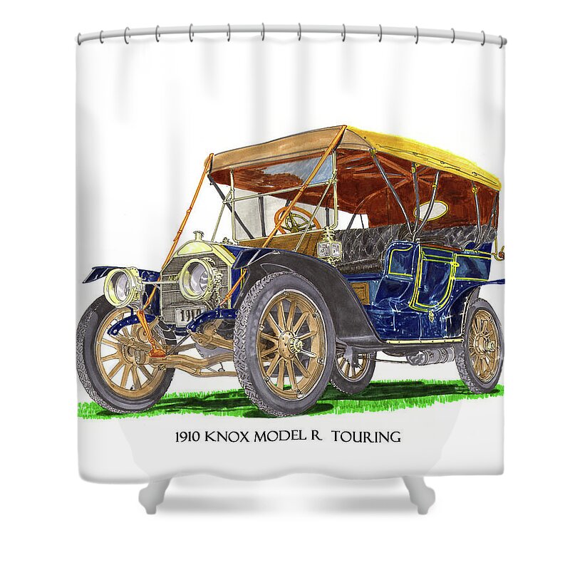 A Watercolor Painting Of A 1910 Knox Model R Shower Curtain featuring the painting 1910 Knox Model R 5 Passenger Touring Automobile by Jack Pumphrey