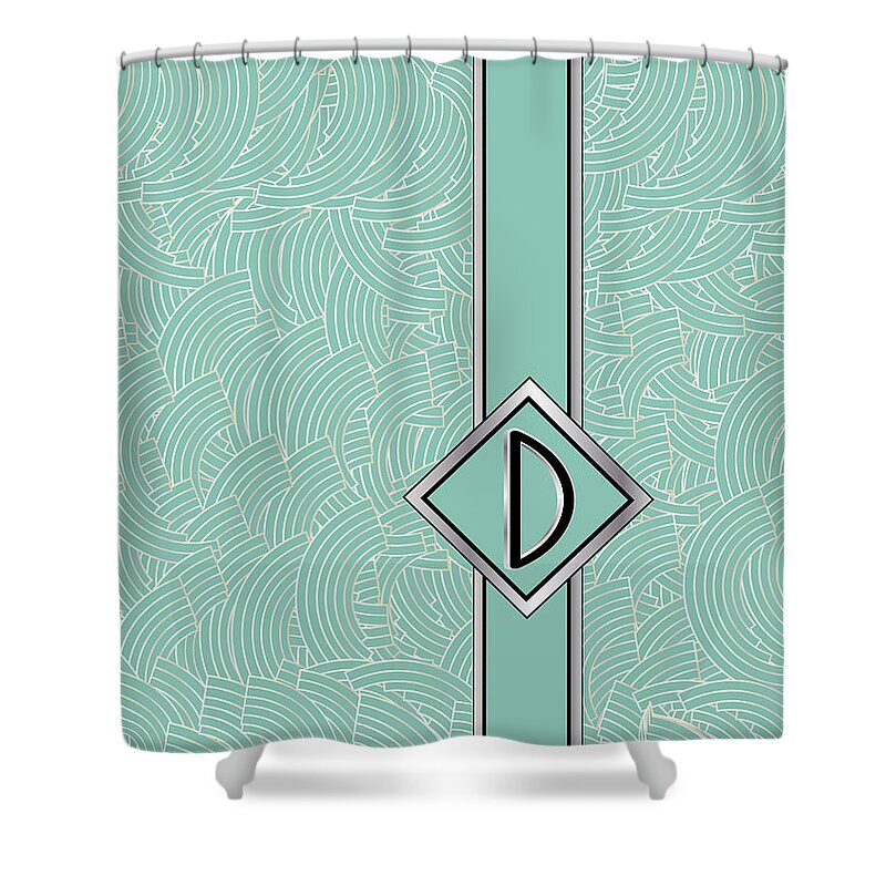 Monogrammed Shower Curtain featuring the digital art 1920s Blue Deco Jazz Swing Monogram ...letter D by Cecely Bloom
