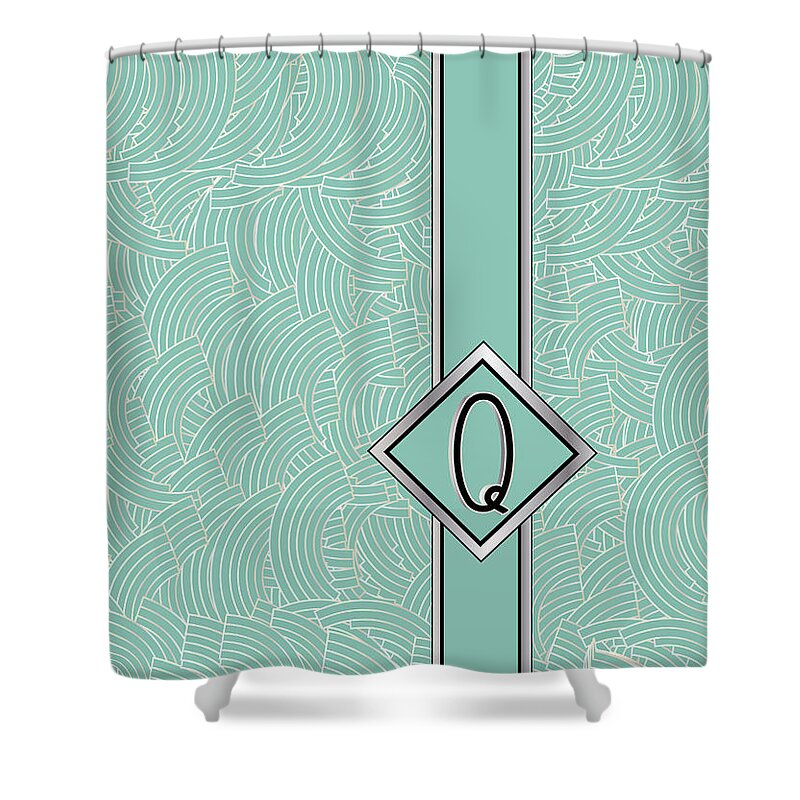 Monogrammed Shower Curtain featuring the digital art 1920s Blue Deco Jazz Swing Monogram ...letter Q by Cecely Bloom