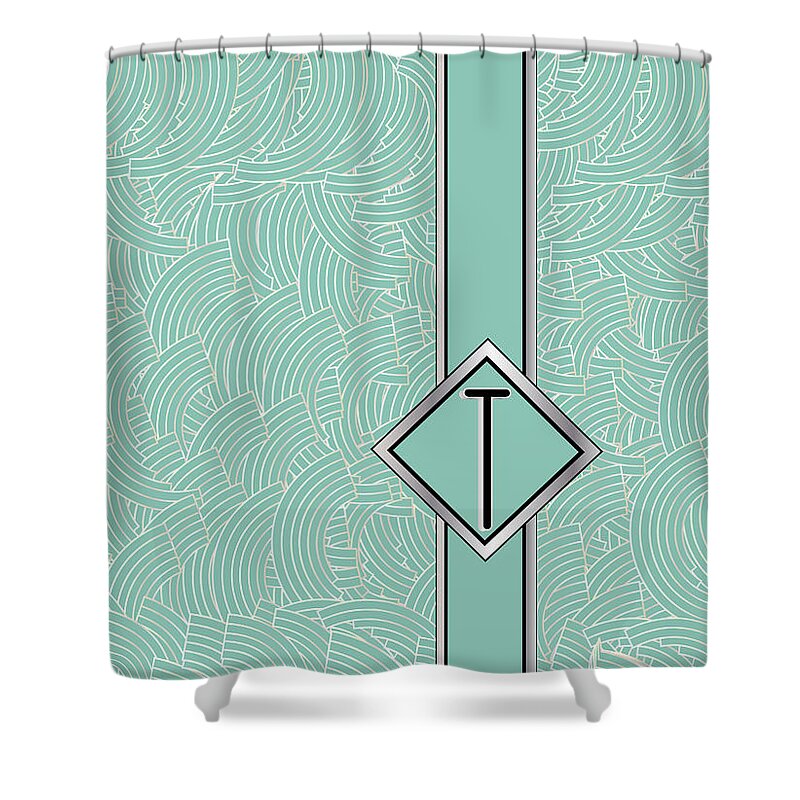 Monogrammed Shower Curtain featuring the digital art 1920s Blue Deco Jazz Swing Monogram ...letter T by Cecely Bloom
