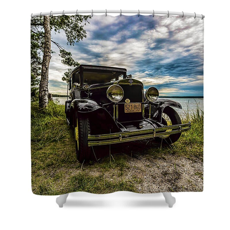 Higgins Lake Shower Curtain featuring the photograph 1930 Chevy on the shore of Higgins Lake by Joe Holley