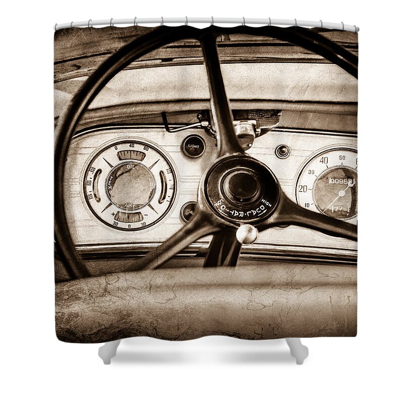 1935 Auburn 851 Supercharged Boattail Speedster Steering Wheel Shower Curtain featuring the photograph 1935 Auburn 851 Supercharged Boattail Speedster Steering Wheel -0862s by Jill Reger
