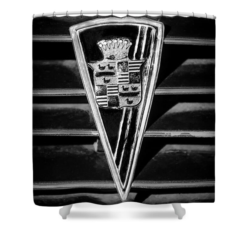 1936 Cadillac Fleetwood Emblem Shower Curtain featuring the photograph 1936 Cadillac Fleetwood Emblem -0451bw by Jill Reger