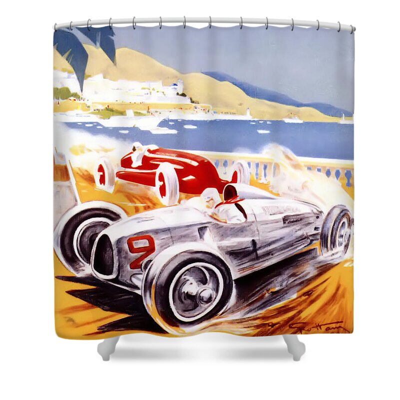 F1 Shower Curtain featuring the digital art 1936 F1 Monaco Grand Prix by Georgia Fowler