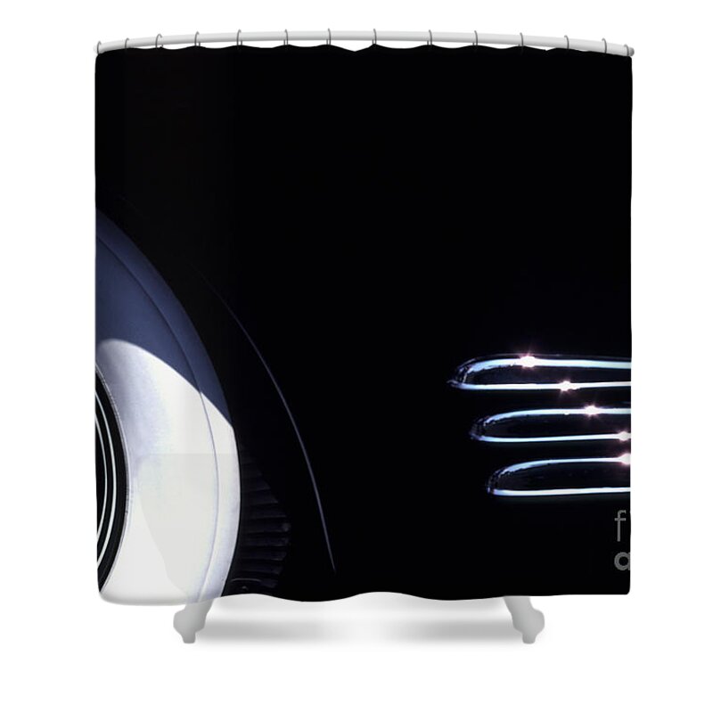 1338 Shower Curtain featuring the photograph 1938 Cadillac Limo with Chrome Strips by Anna Lisa Yoder