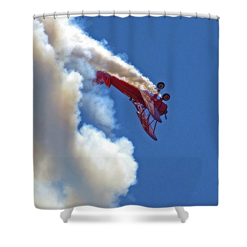 Images Shower Curtain featuring the photograph 1940 Boeing Stearman Biplane stunt 2 by Rick Bures