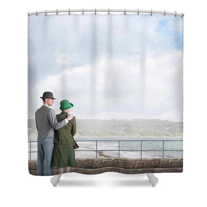 1940s Shower Curtain featuring the photograph 1940s Couple On The Seafront by Lee Avison