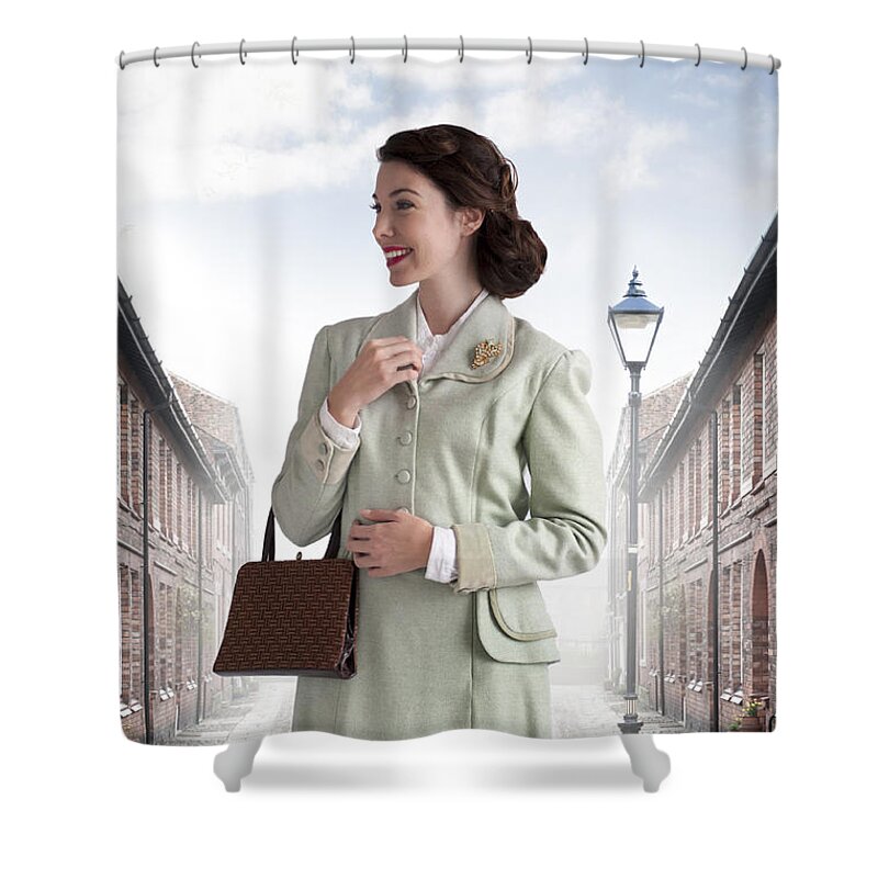 Woman Shower Curtain featuring the photograph 1940s Woman Smiling On A Terraced Street by Lee Avison