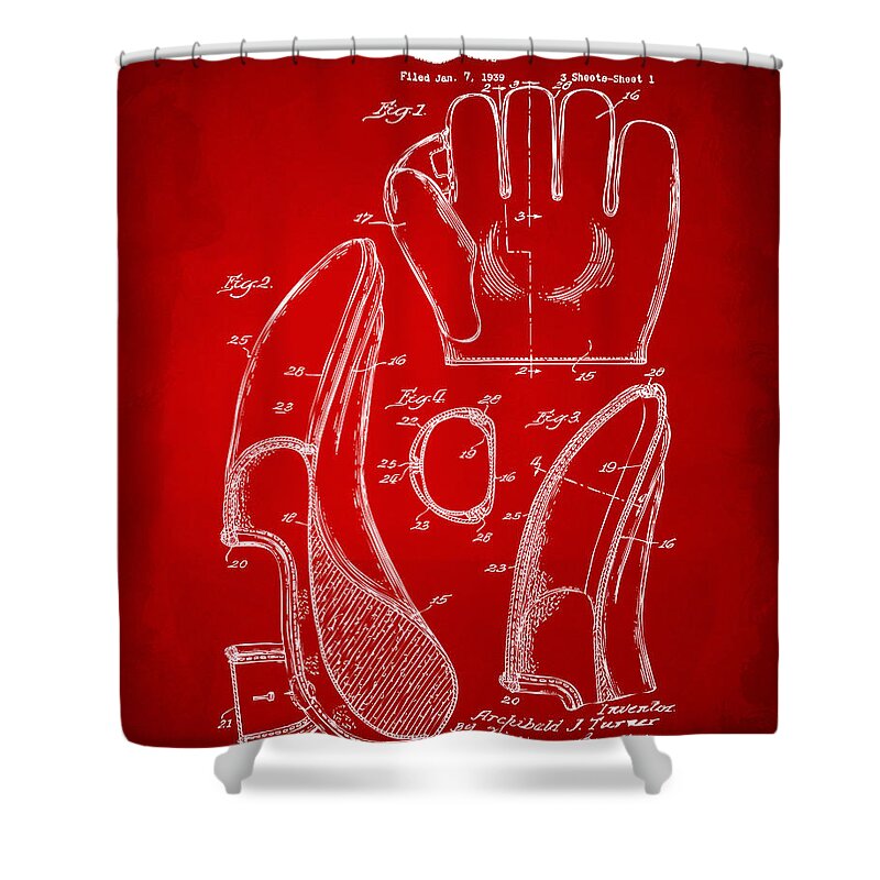 Baseball Shower Curtain featuring the digital art 1941 Baseball Glove Patent - Red by Nikki Marie Smith