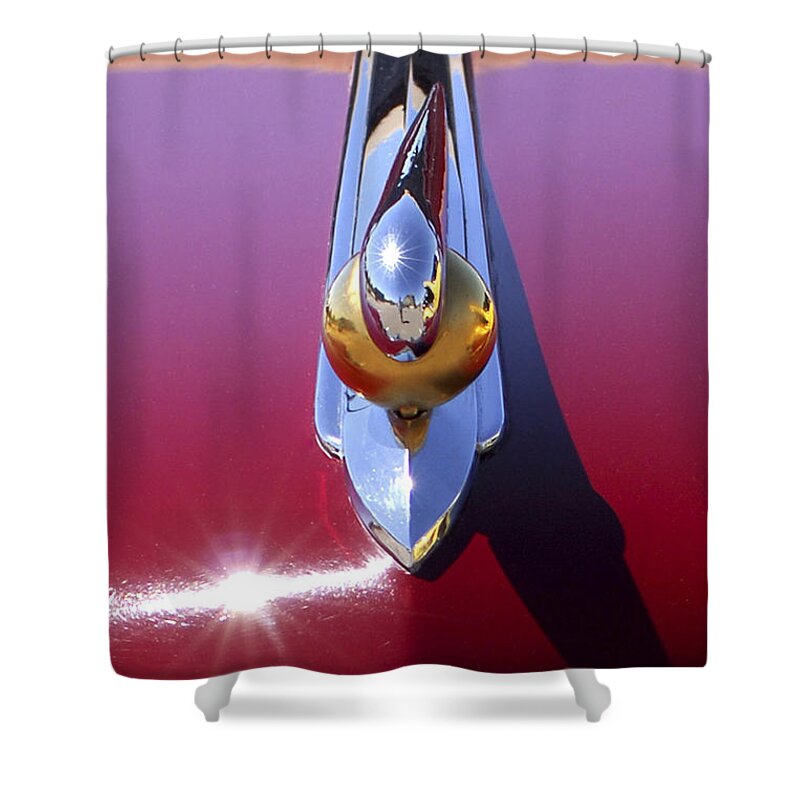 1948 Lincoln Continental Shower Curtain featuring the photograph 1948 Lincoln Continental Hood Ornament by Jill Reger