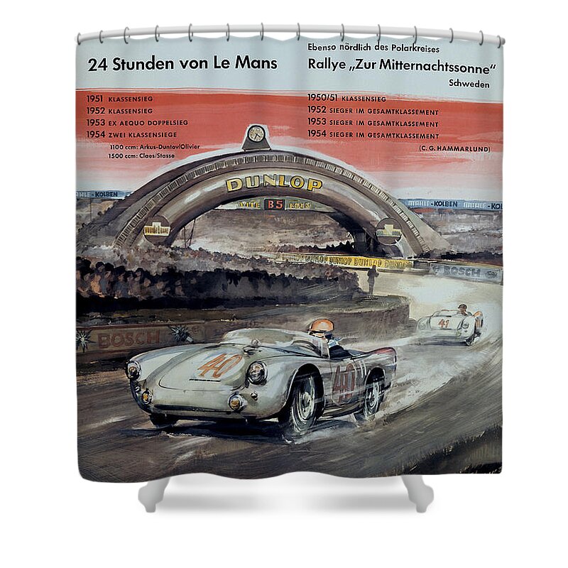 24 Hours Of Le Mans Shower Curtain featuring the digital art 1950 Porsche Le mans Poster by Georgia Fowler