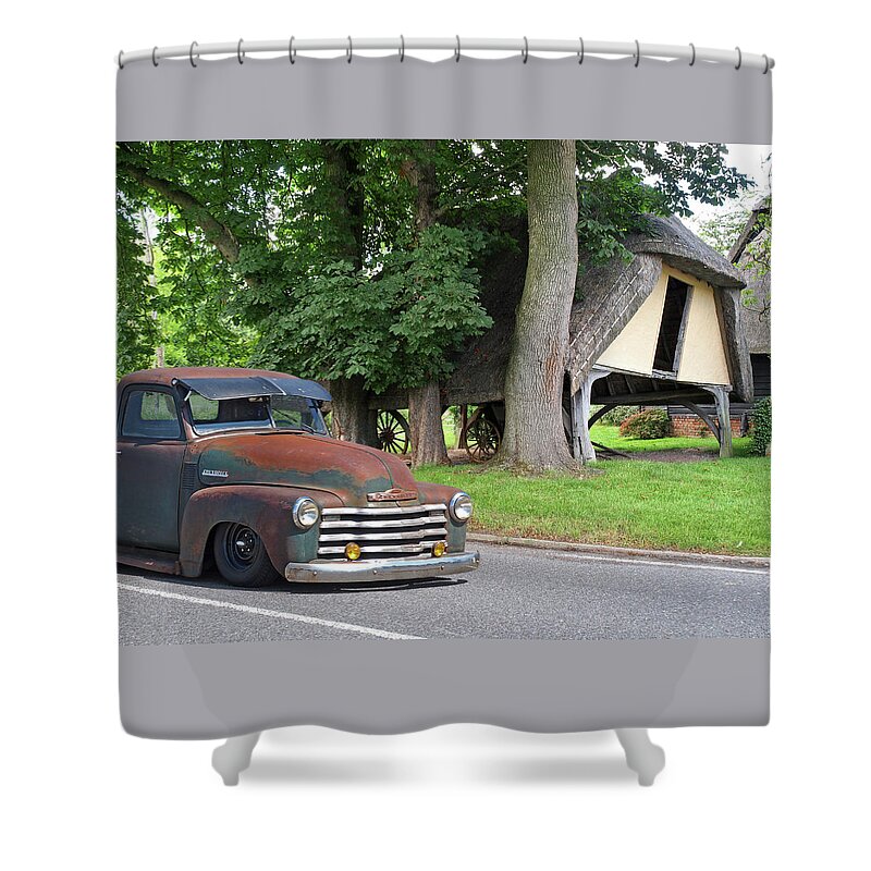 Chevrolet Truck Shower Curtain featuring the photograph 1950 Rusty Chevy Truck Outside Old Barn by Gill Billington