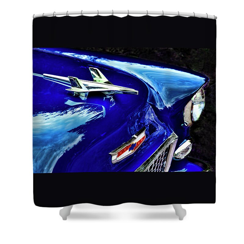1955 Shower Curtain featuring the photograph 1955 Chevy Bel Air Hard Top - Blue by Peggy Collins