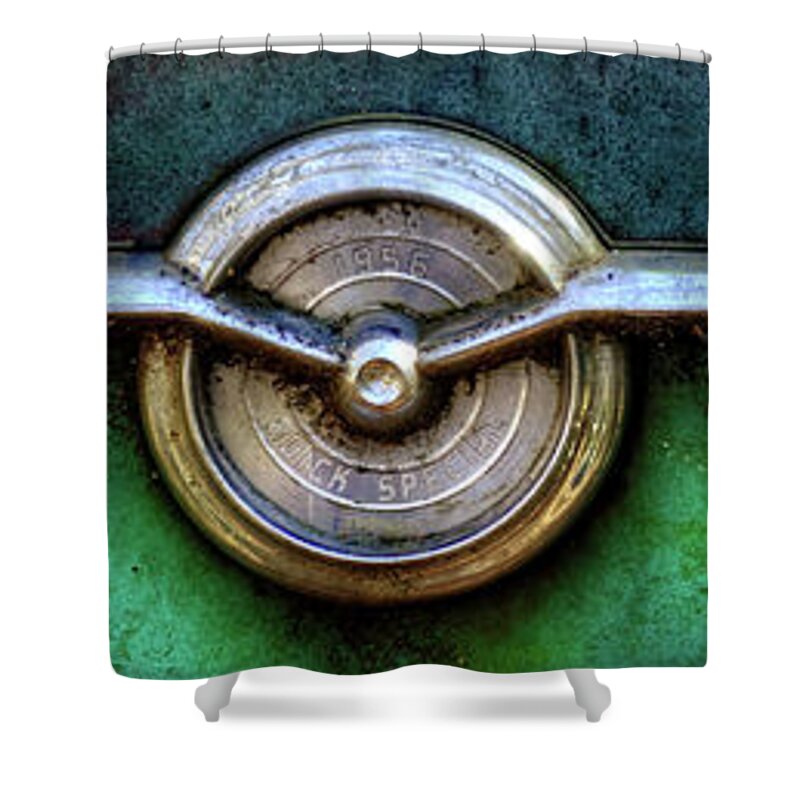 1956 Shower Curtain featuring the photograph 1956 Buick Special Emblem by Greg and Chrystal Mimbs